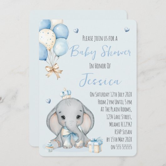 Cute Boy Elephant Prince Baby Shower Invitation Einladung (Vorne/Hinten)