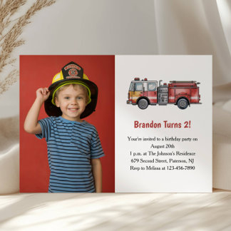 Cute Boy Firefighter Photo Kids 2nd Birthday Party Einladung