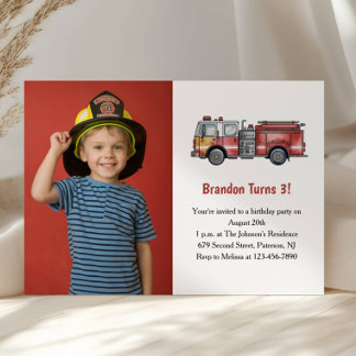 Cute Boy Firefighter Photo Kids 3rd Birthday Party Einladung