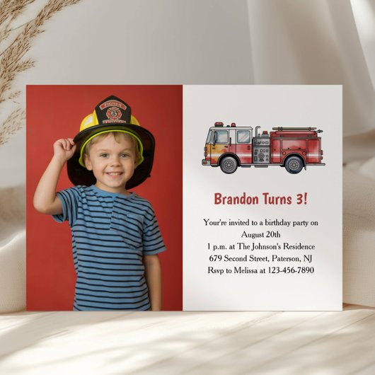 Cute Boy Firefighter Photo Kids 3rd Birthday Party Einladung