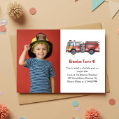 Cute Boy Firefighter Photo Kids 4th Birthday Party Einladung