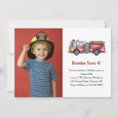 Cute Boy Firefighter Photo Kids 4th Birthday Party Einladung (Vorderseite)
