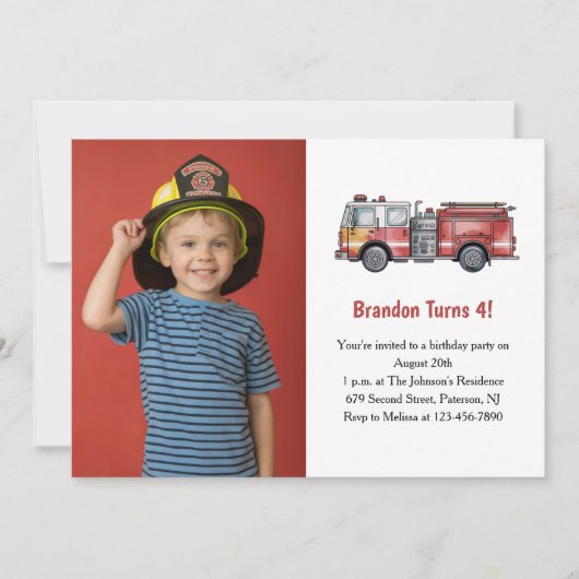 Cute Boy Firefighter Photo Kids 4th Birthday Party Einladung (Vorderseite)