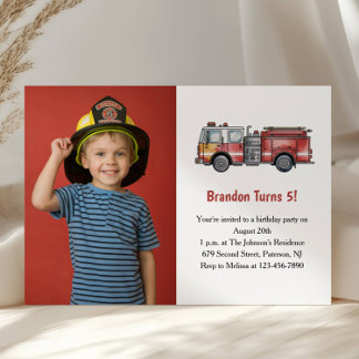 Cute Boy Firefighter Photo Kids 5th Birthday Party Einladung