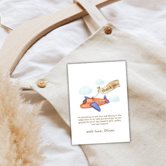 Cute Boy Minimal Aviator Airplane Baby Shower  Dankeskarte
