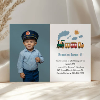 Cute Boy Train Photo Kids 1st Birthday Party Einladung