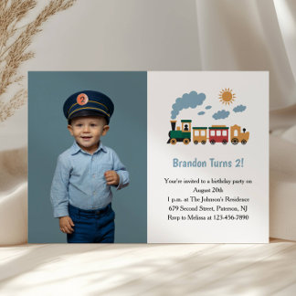 Cute Boy Train Photo Kids 2nd Birthday Party Einladung