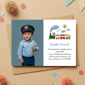 Cute Boy Train Photo Kids 3rd Birthday Party Einladung