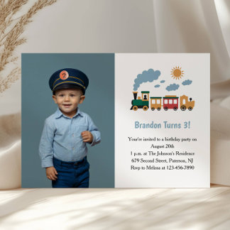 Cute Boy Train Photo Kids 3rd Birthday Party Einladung