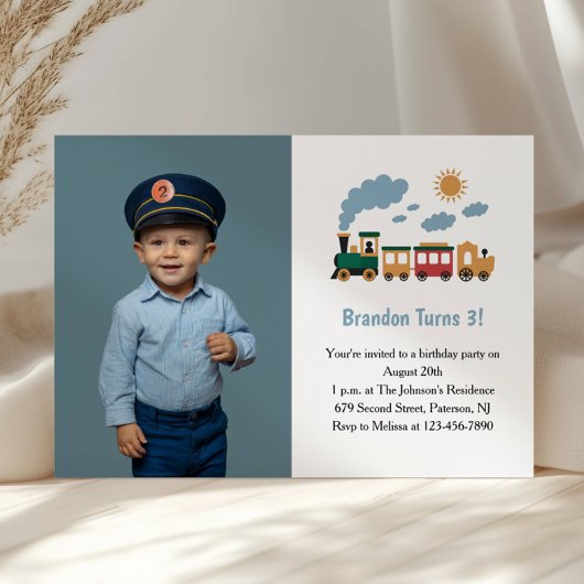 Cute Boy Train Photo Kids 3rd Birthday Party Einladung