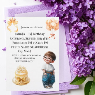 Cute Boy with Glasses 5th Birthday Party Invitatio Einladung