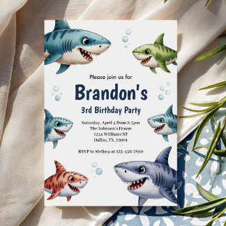 Cute Boys Watercolor Shark 3rd Birthday Party Einladung