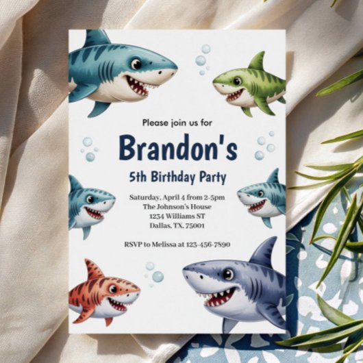 Cute Boys Watercolor Shark 5th Birthday Party Einladung