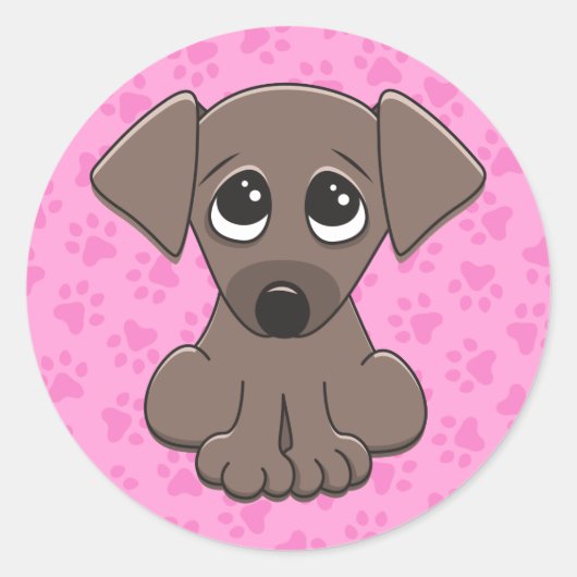 Cute, brauner Welpenhund auf rosa Pfotenprint Runder Aufkleber (Vorderseite)