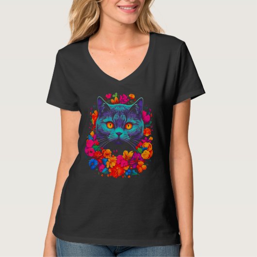 Cute British Shorthair Cat Flowers T-Shirt (Vorderseite)