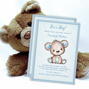 Cute Brown Bear For Boy Baby Shower Einladung