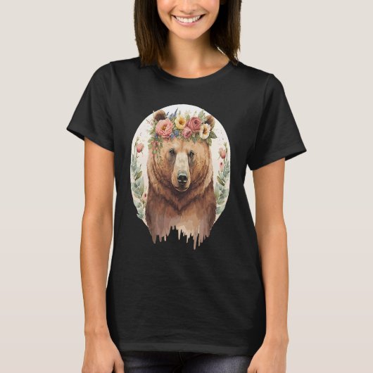 Cute Brown Bear Grizzly Flower Crown Animal T-Shirt (Vorderseite)