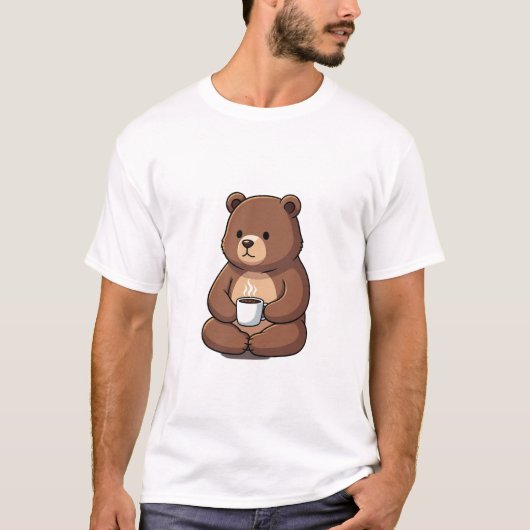 Cute Brown Bear Sitting with a Steaming Coffee Mug T-Shirt (Vorderseite)