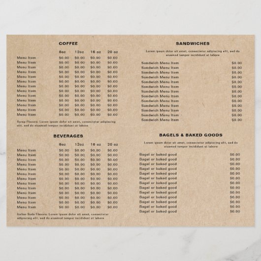 Cute Brown Coffee Cup Coffee Shop Menu (Rückseite)