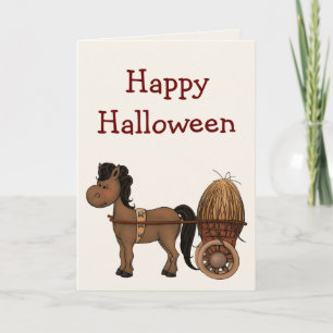 Cute Brown Horse with Hay Cart Happy Halloween Karte