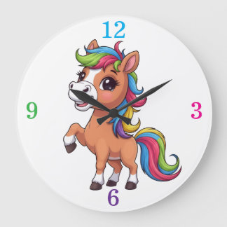 Cute Brown Pony Rainbow Mane Kids Nursery Round Cl Große Wanduhr