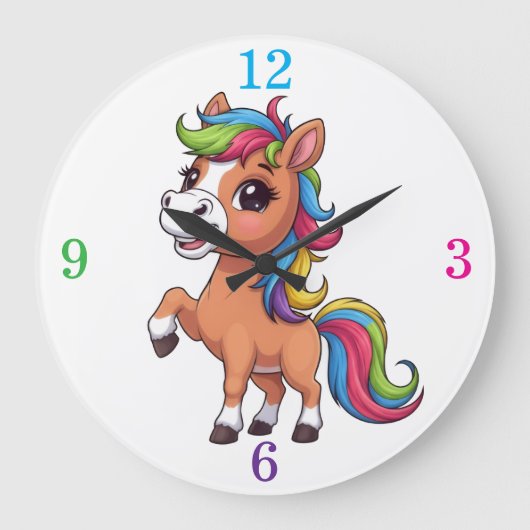 Cute Brown Pony Rainbow Mane Kids Nursery Round Cl Große Wanduhr (Vorderseite)