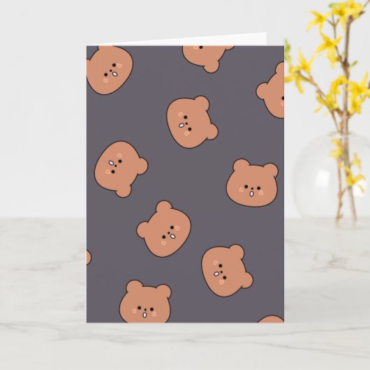 Cute Brown Teddy Bear Face Pattern Dark Blue Karte (Gelbe Blume)