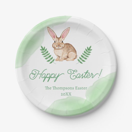 Cute Brown Watercolor Bunny With Greenery Easter Pappteller (Vorderseite)