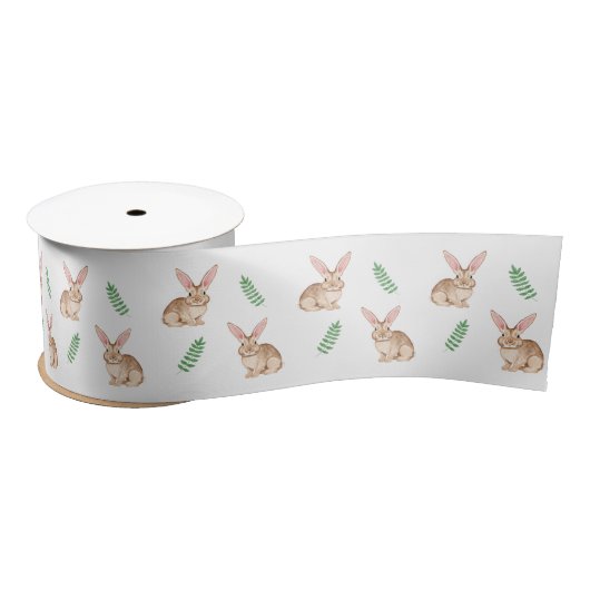 Cute Brown Watercolor Easter Bunny And Greenery Satinband (Spule)