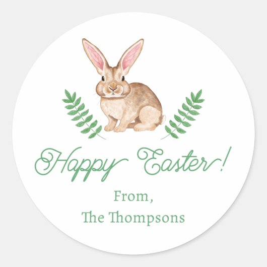 Cute Brown Watercolor Easter Bunny With Greenery Runder Aufkleber (Vorderseite)