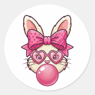 Cute Bubblegum Bunny with Heart Glasses Runder Aufkleber