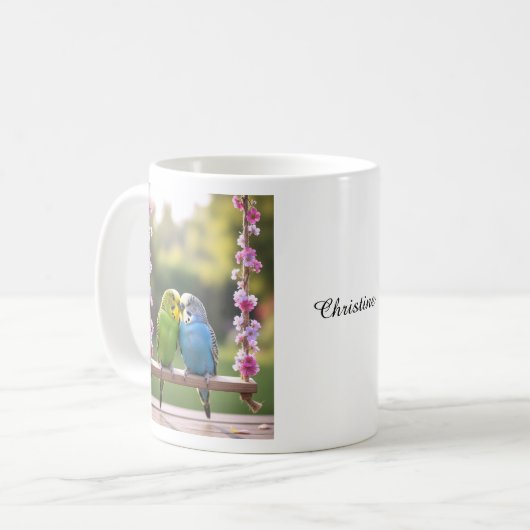 Cute Budgie Couple Snuggling Customized Name Kaffeetasse (Vorderseite Links)