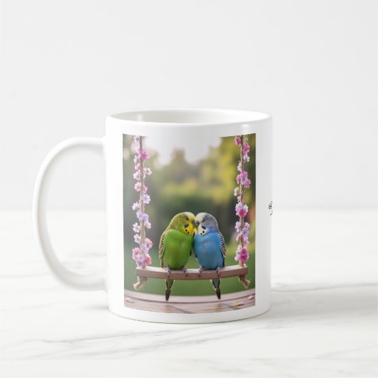 Cute Budgie Couple Snuggling Customized Name Kaffeetasse (Links)