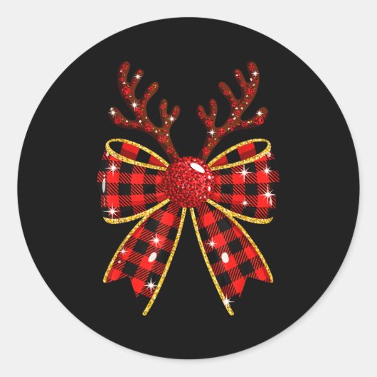 Cute Buffalo Plaid Coquette Bow Reindeer Christmas Runder Aufkleber (Vorderseite)