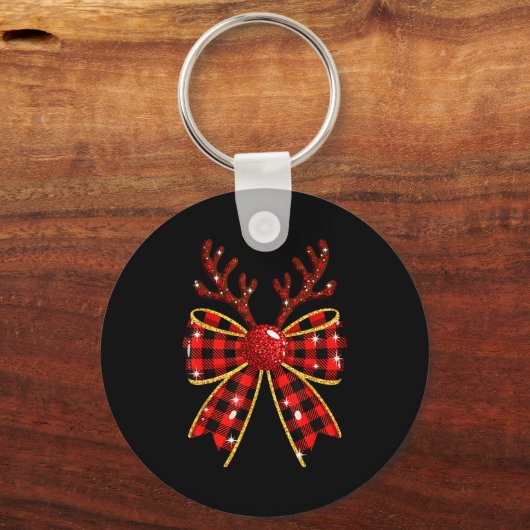 Cute Buffalo Plaid Coquette Bow Reindeer Christmas Schlüsselanhänger (Vorderseite)