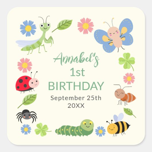 Cute Bug Ladybug Buttefly Kids 1st Birthday  Quadratischer Aufkleber (Vorderseite)