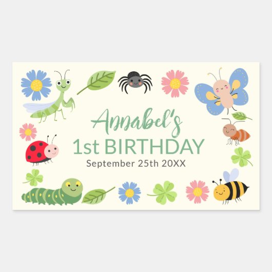 Cute Bug Ladybug Buttefly Kids 1st Birthday  Rechteckiger Aufkleber (Vorderseite)