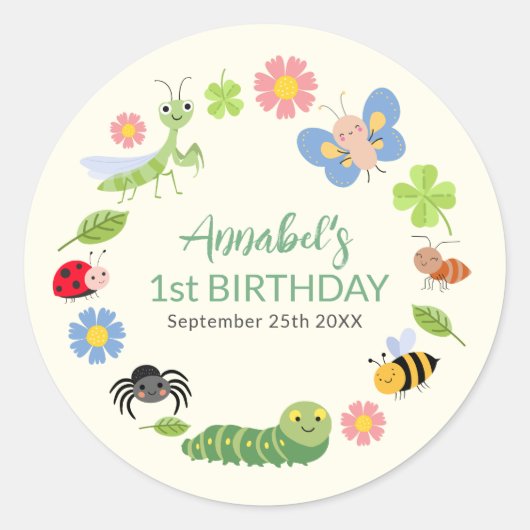Cute Bug Ladybug Buttefly Kids 1st Birthday  Runder Aufkleber (Vorderseite)