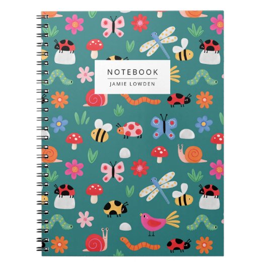 Cute Bug Pattern Notebook in Teal Notizblock (Vorderseite)