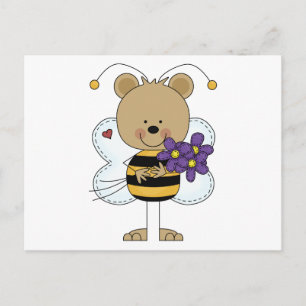 cute bumble bee bear with purple flowers postkarte