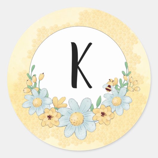 Cute Bumble Bee Yellow Monogram Runder Aufkleber (Vorderseite)