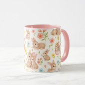 Cute Bunnies and Flowers Pattern Tasse (VorderseiteRechts)