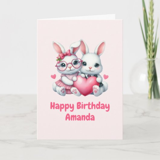 Cute Bunnies Sharing a Heart Birthday Karte (Vorderseite)