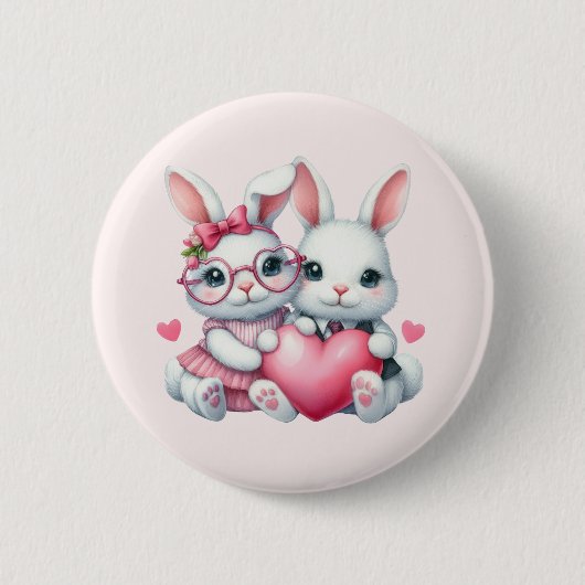 Cute Bunnies Sharing a Heart Button (Vorderseite)