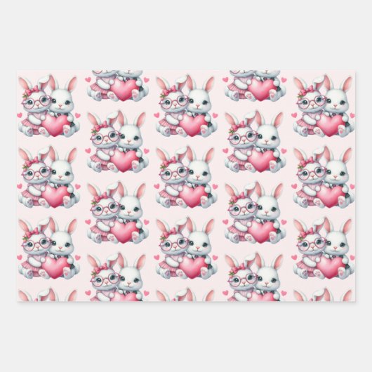 Cute Bunnies Sharing a Heart Pattern Geschenkpapier Set (Vorderseite 2)
