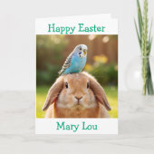 Cute Bunny and Blue Budge Personalized Easter Karte (Vorderseite)