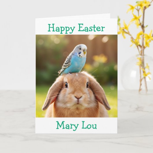 Cute Bunny and Blue Budge Personalized Easter Karte (Gelbe Blume)