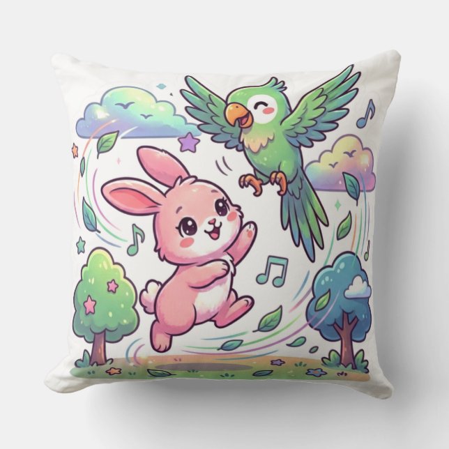Cute Bunny and Parrot Playing Sticker |  Kissen (Vorderseite)