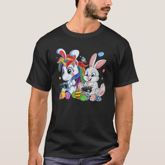Cute Bunny And Unicorn Eggs Easter Gamer Funny Vid T-Shirt (Vorderseite)