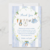 Cute Bunny Boy Clothesline Baby Shower Dankeskarte (Vorderseite)